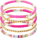GOOJIDS Surfer Heishi Clay Bead Bracelets for Women Bohemian Stackable Gold Plated Beaded Stretch Bracelets Elastic Layering Friendship Bracelets Set Boho Jewelry