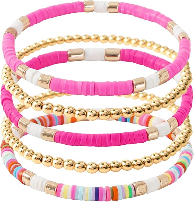 GOOJIDS Surfer Heishi Clay Bead Bracelets for Women Bohemian Stackable Gold Plated Beaded Stretch Bracelets Elastic Layering Friendship Bracelets Set Boho Jewelry