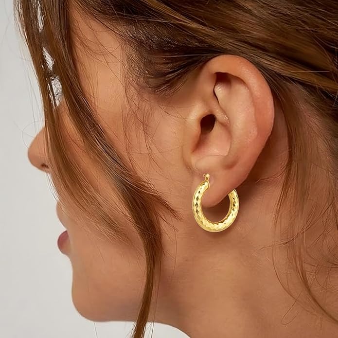 Gold Plated Hoop Earrings for Women 14K Gold Plated Earrings for Women Hypoallergenic Lightweight Wrinkle Texture Earrings Womens 20mm/25mm/30mm