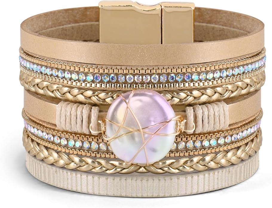 Wrapped Bracelets for Women,Leather Bracelet,Boho Bracelets for Women,Multi-Layer Pearl Crystal Bracelet Bangle Jewelry