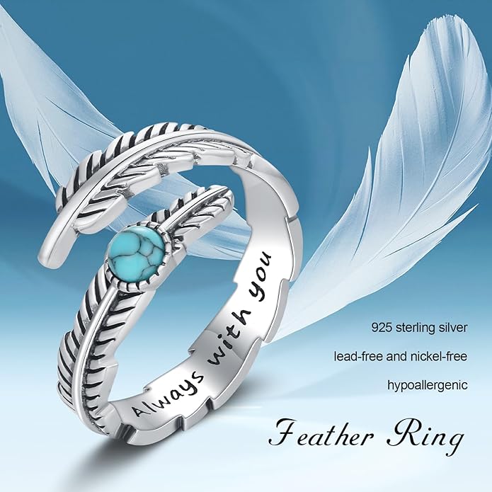 Turquoise/Moss Agate/Moonstone/Black Onyx/Lapis Lazuli/Labradorite/Tiger Eye Feather Ring 925 Sterling Silver Adjustable Ring Western Thumb Rings Vintage Jewelry Gifts for Women