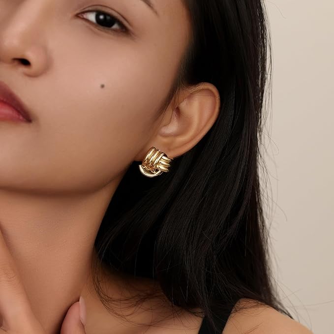 Chunky Gold/Silver Earrings for Women Knot Link Circle Statement Geometric Drop Dangle Earrings Studs Trendy Jewelry (Tri-Knot Earrings-Gold)