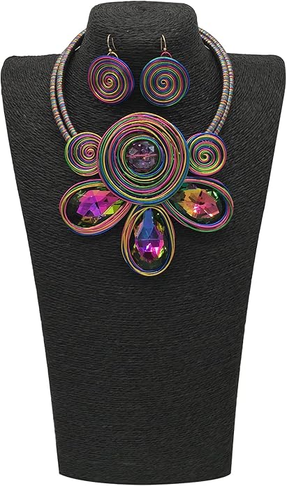 Statement African Necklace For Women African Jewelry Costume Earring Sets Tribal Fashion Colorful Big Rhinestone Crystal Pendent Collar Choker Bold Chunky Bib Handmade