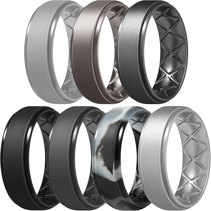 Egnaro Men's Rings 8.5mm Wide-2mm Thick Inner Arc Ergonomic Breathable Rubber Wedding bands-Hypoallergenic for Gym/Outdoor/Gift((1-7 Variety Pack with Half Size)