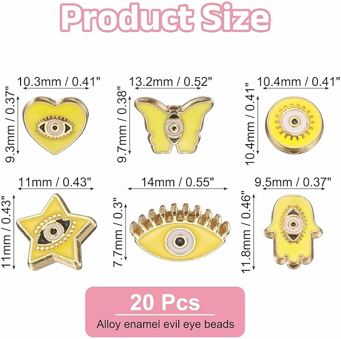 MECCANIXITY 30 Pcs Evil Eye Beads Bulk Colorful Alloy Enamel Loose Spacer Charm Beads for DIY Bracelet Earrings Necklace Crafts Jewelry Making, Yellow