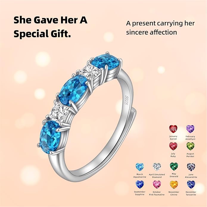925 Sterling Silver Birthstone Rings for Women - Adjustable Size Women Jewelry Birthday Gifts for Girlfriend,Wife,Mom