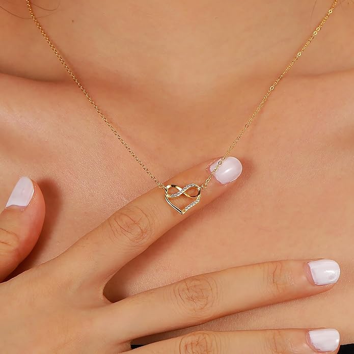 LOVECOM Valentines Gifts S925 Sterling Silver Heart Necklace for Women Dainty 14k Gold Plated CZ Infinity Double Cross Star Pendant Choker Necklaces Trendy Bead Chain Jewelry Gifts for Mom Daughter