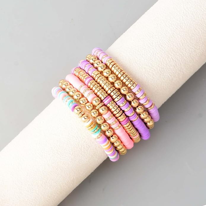 GOOJIDS Surfer Heishi Clay Bead Bracelets for Women Bohemian Stackable Gold Plated Beaded Stretch Bracelets Elastic Layering Friendship Bracelets Set Boho Jewelry