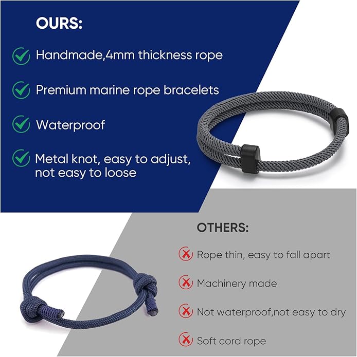 TempBeau Nautical Braided Rope Bracelets Set - 6 Pcs Adjustable Braided Cord Bracelet, Handmade Navy Marine String Bracelet with Metal Knot, Men Women Braided Bracelets Gifts