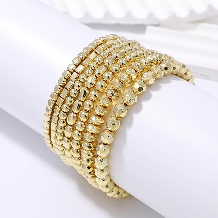 Gold Plated Beaded Bracelets for Women Trendy, 14K Gold Plated Stack Cross Pearl Gold Plated Bead Stretch Bracelets Set Elastic Hypoallergenic Bracelets Jewelry Gifts