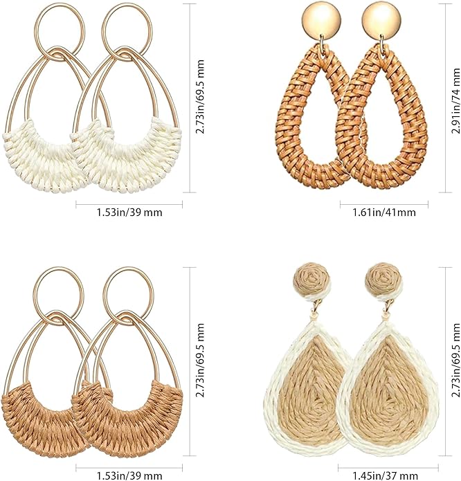 4 Pairs Handmade Raffia Rattan Bohemian Round Drop Dangle Earrings for Women, Boho Statement Cute Fun Hoop Earrings Set