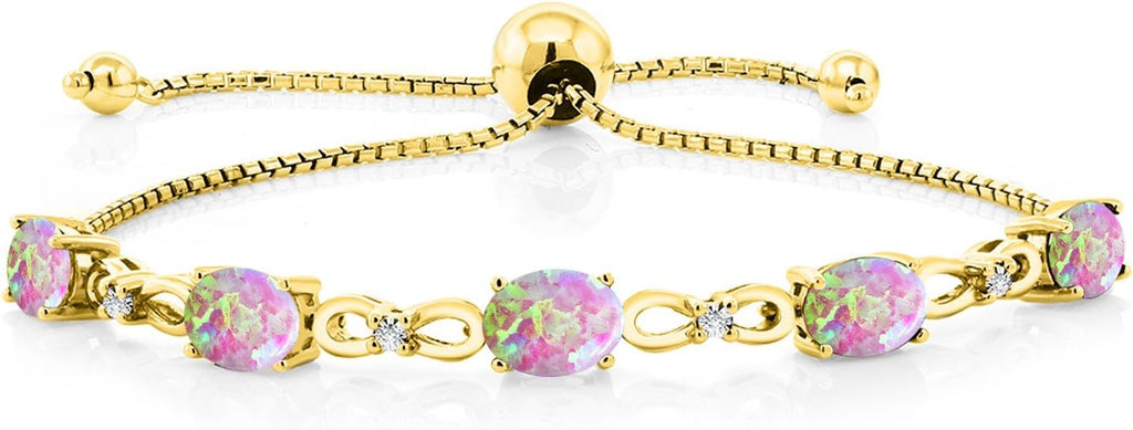Gem Stone King 7X5MM Oval Cut Gemstone Birthstone and Accent Lab Grown Diamond Tennis Bracelet For Women In 18K Yellow Gold Plated Silver | Adjustable Bolo Bracelet For Women | Easy-On Easy-Off