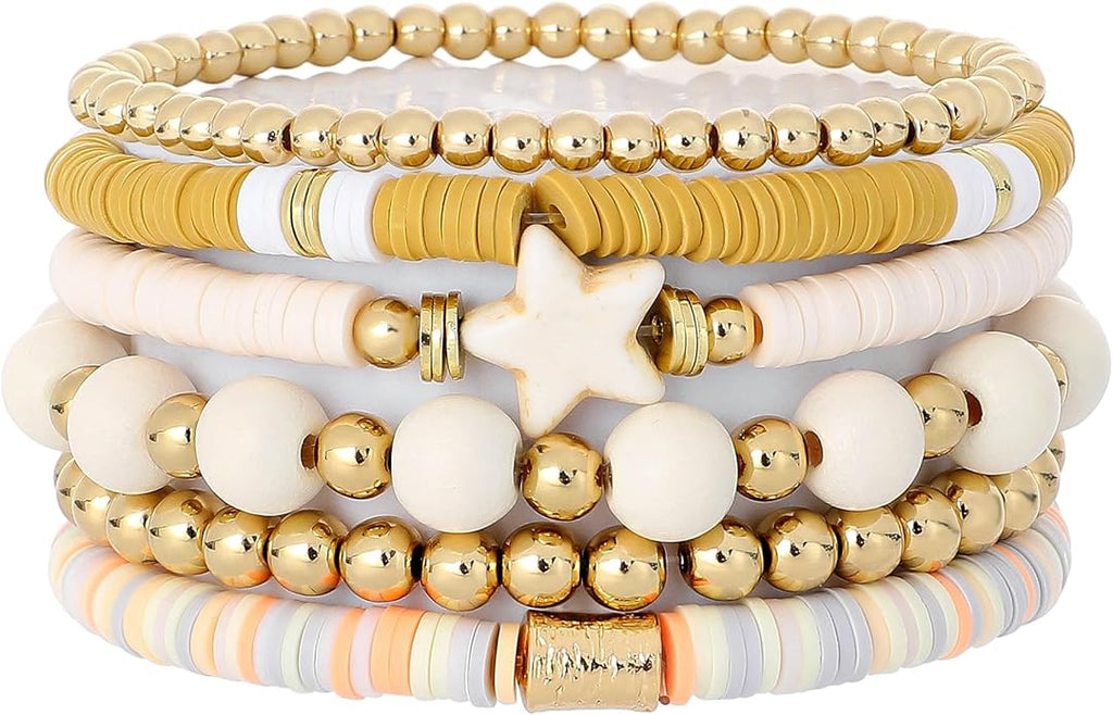 GOOJIDS Surfer Heishi Clay Bead Bracelets for Women Bohemian Stackable Gold Plated Beaded Stretch Bracelets Elastic Layering Friendship Bracelets Set Boho Jewelry
