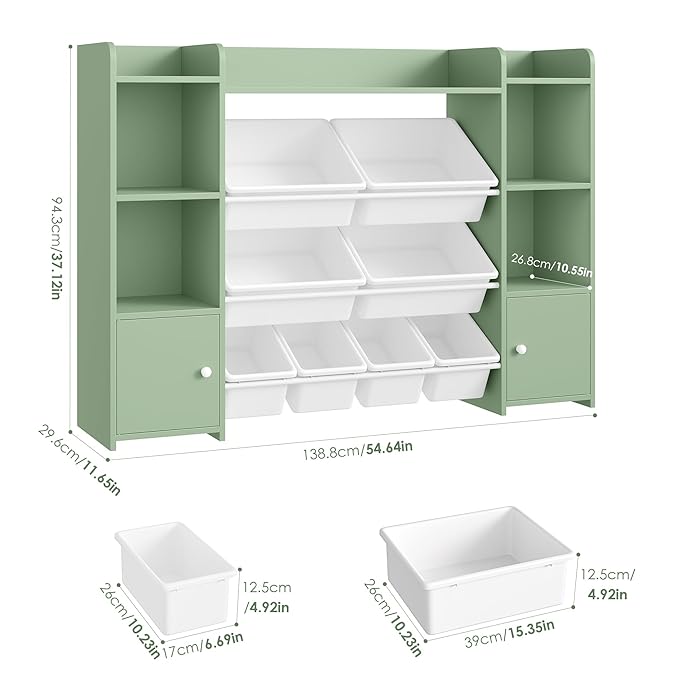 FOTOSOK 55''Large Toy Storage Organizer with 8 Toy Bins, Toy Organizers and Storage with Shelf and 6 Storage Cubbies, Bookshelf for Kids, Playroom Organization and Storage Bins, Green