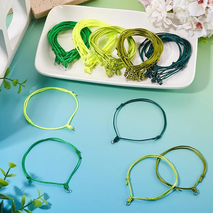 50Pcs Adjustable Braided Cord Colorful Waxed Thread Half Finished Bracelet with Jump Rings Knotting Bracelet Ropes for Wrist DIY Women Jewelry Friendship Bangle Decor 2-3/8 Inch Long-Green