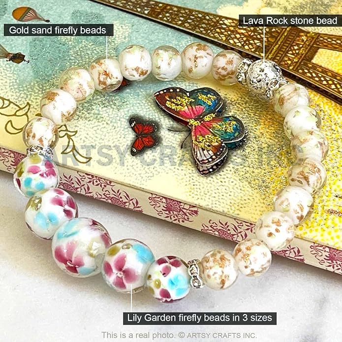 ARTSY Crafts Lily Garden Glow in the Dark Firefly Bead Bracelets Necklaces, Handmade in USA Murano Glass Jewelry, Flower Luminous Beads Mermaid Crystal Bracelet Bangle