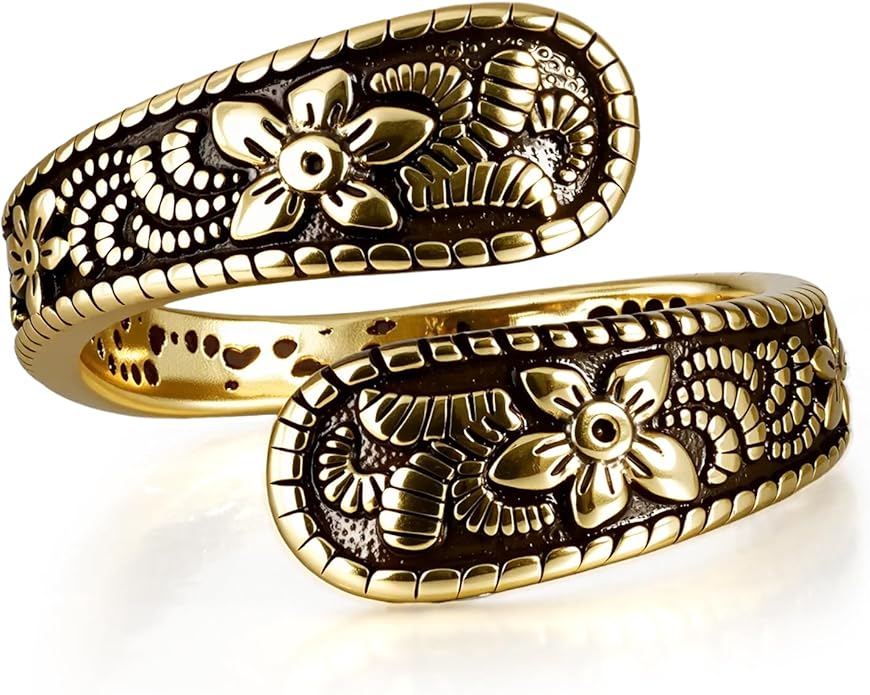 Vintage 14K Gold Plated and Silver Spoon Ring – Adjustable Ring with Carving Design for Women, Unique Boho Open Ring for Gift