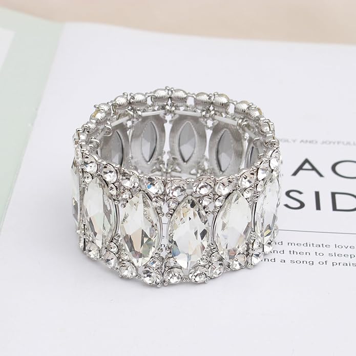Women’s Elegant Wedding Bridal Crystal Double Row Marquise-Shape Leaf Stretch Bangle Bracelet Bride Jewelry for Women