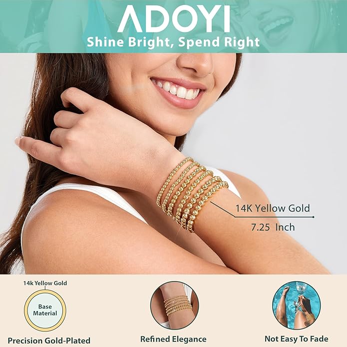 adoyi Valentines Day Gifts for Her Gold Bracelets for Women Waterproof, 14K Gold Plated Beaded Strand Bead Ball Bracelets stack Adjustable Jewelry Set for Gifts