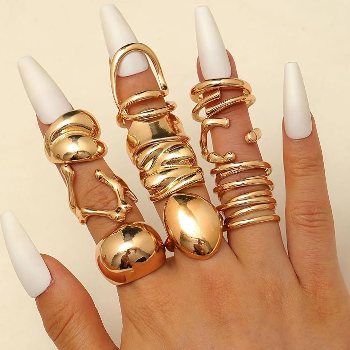 Chunky Gold Rings for Women Rhinestone Stackable Knuckle Ring Set Open Adjustable Statement Ring Set Dainty Crown Cross Midi Rings Fashion Jewelry Gift for Women