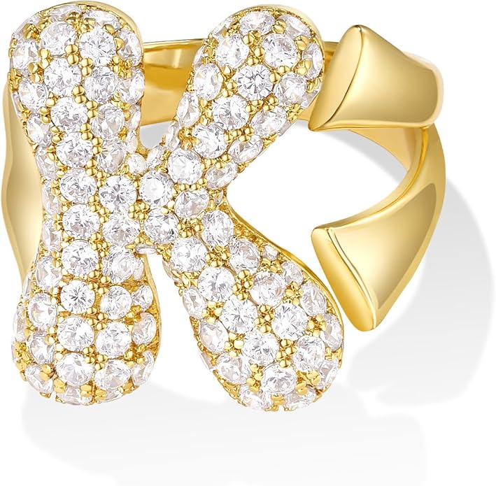 KissYan Bubble Initial Ring Valentines Day Gifts for Women, 14k Gold Plate Balloon Jumbo Letter Rings Open Adjustable Dainty Pave CZ Personalized Fashion Trendy Statement Jewelry