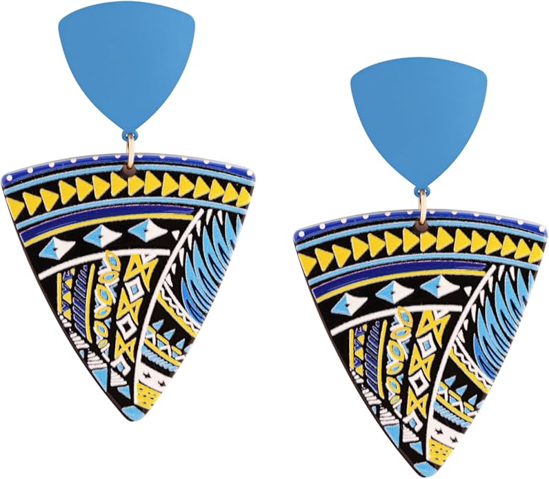 MINACHI Boho Chic Geometric Drop Earrings, Vibrant Multicolor Pattern with Navy Accent Beads & Glossy Studs, Jewelry Gift for Women