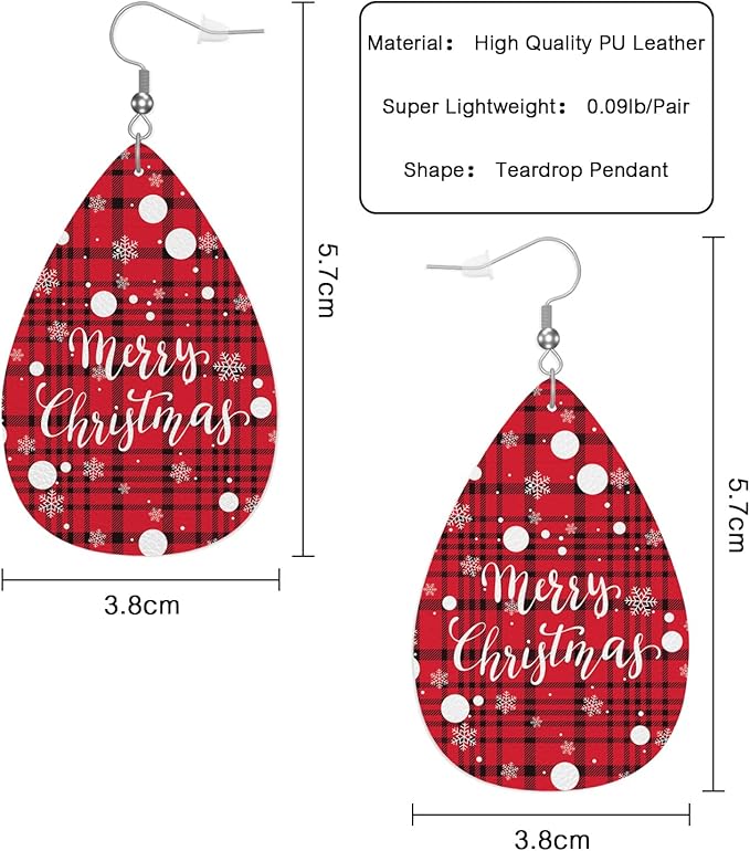 Merry Christmas Leather Teardrop Hook Earrings
