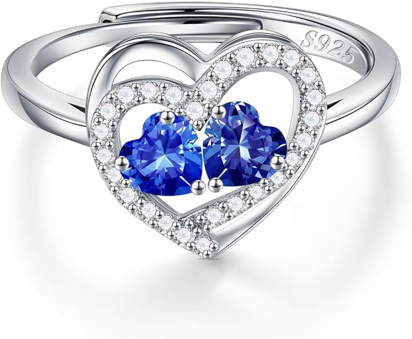 Iefil Adjustable Ring for Women - 925 Sterling Silver Double Birthstone Rings, Anniversary Birthday Gifts for Women Wife Her