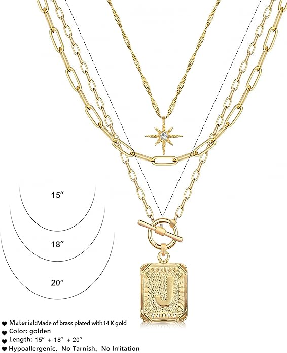 MJartoria Layered Initial Necklaces for Women Trendy, 14K Gold Plated Brass Simple Star Choker Square Letter Pendant Necklace, Paperclip Chain Necklaces Jewelry Gifts