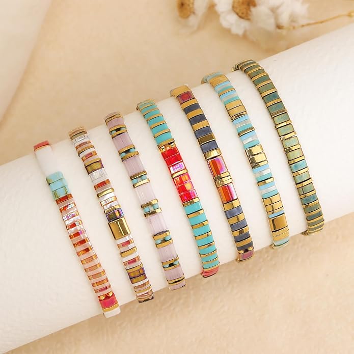 Sonateomber Tila Flat Beaded Stretch Bracelets for Women, Trendy Unique Colorful Square Beads Handmade Stack Bracelet Friendship Accessories Fashion Jewelry Gift