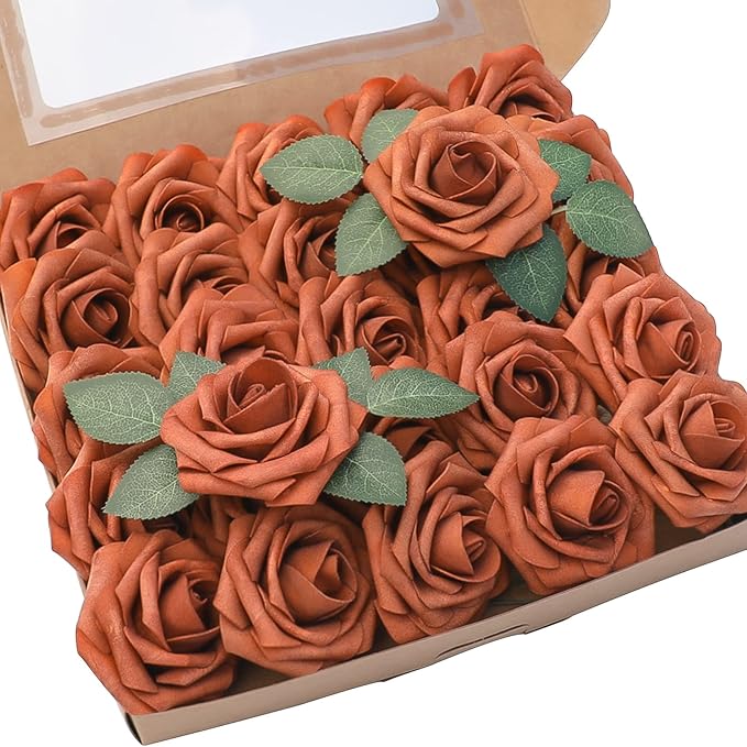 Artificial Flowers 25pcs Real Looking Burnt Orange Foam Fake Roses by Floroom