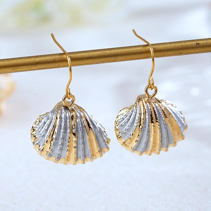 Beach Summer Sea Shell Earrings For Women, Tropical Natural Scallop Shell Jewelry Boho Earring Set Bulk Pack Vacation Dangling Drop Light Formal