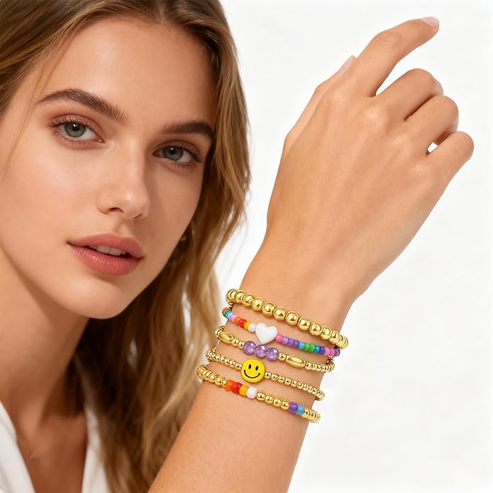 Gold Bracelets for Women Waterproof, 14K Gold Plated Beaded Cross Bracelets Set,Boho Stretch Bracelets Stackable Jewelry for Women Teenage Girls Jewelry Christmas Gifts