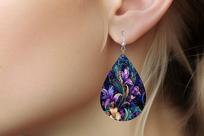 Teardrop Wood Earrings Light Weight Printed Image Dangle Jewelry, Fun and Funky Earrings