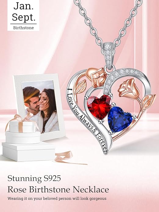 Valentine's Day Gifts for Wife 925 Sterling Silver Double Birthstone Pendant Necklaces I Love You for Always and Forever Necklace Anniversary Birthday Gifts for Wife Girlfriend Mom Her