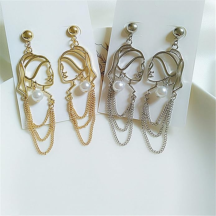 Unique Abstract Face Art Long Drop Dangle Earrings Dainty Hollow Gold Vintage Face Geometric Dangle Earrings Statement Jewelry for Women Girls