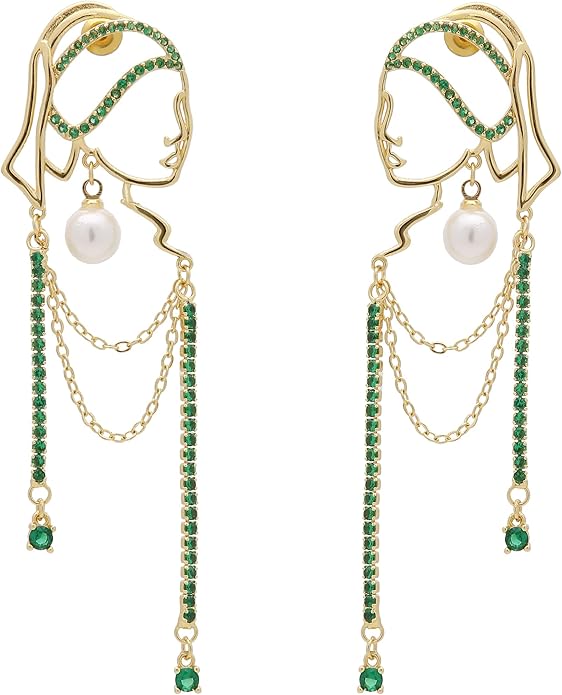 Unique Abstract Face Art | Dangle Statement Long Earrings for Women | Rhinestone Tassel Handmade Chandelier Earrings