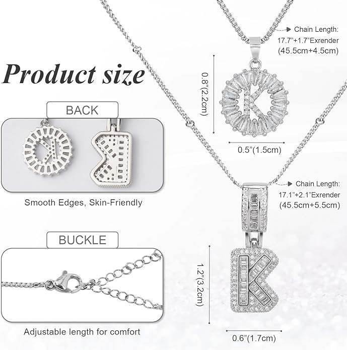 Initial Letter Necklace for Women 14k White Gold Silver Plated Dainty Necklaces Trendy Chunky Custom Layered Necklace Set Personalized Round Circle Zirconia A-Z Letter Chain Pendant Jewelry Gift