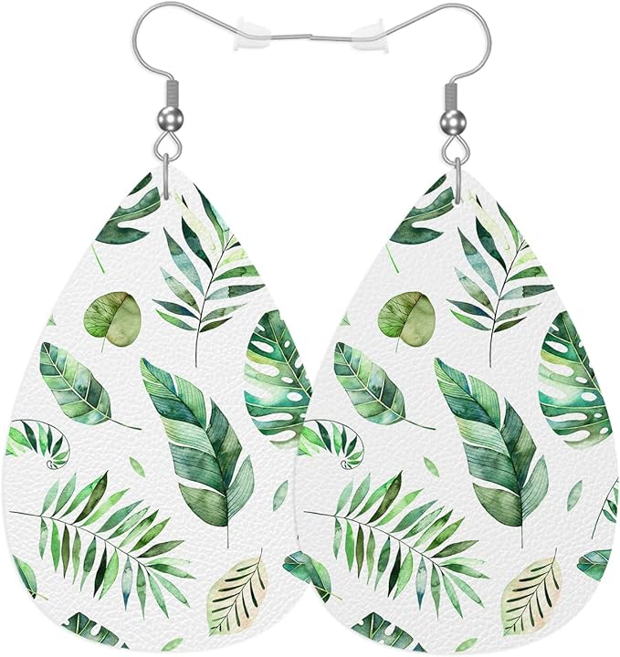 Green Leaves Woman Earrings, Tropical Jungle Palm Banana Tree Leaf Lightweight Leather Dangle Teardrop Earrings Jewelry For Ladies Friends