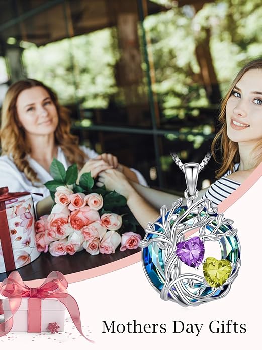 TOUPOP s925 Sterling Silver Family Celtic Tree of Life Pendant Necklaces with 2 Heart Birthstone with Blue Austrian Crystal Jewelry Birthday Valentines Day Gifts for Her, Anniversary Christmas Gifts for Wife Girlfriend Mom (18K Real White Gold Filled)