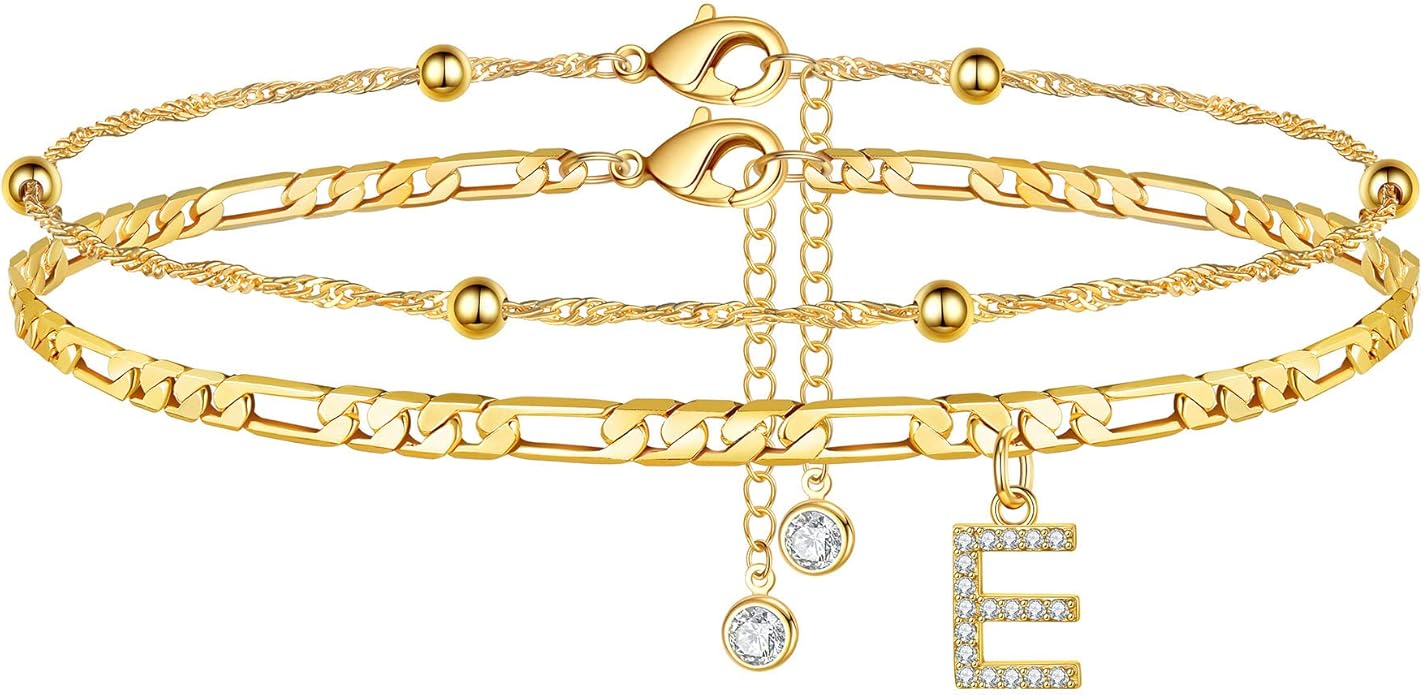 Ursteel Ankle Bracelets for Women, 14K Gold Plated Dainty Layered Chain CZ Initial Anklets Summer Jewelry Gifts for Women