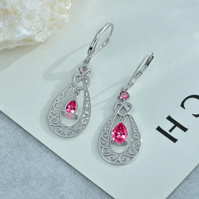 Teardrop Birthstone Dangle Drop Earrings Sterling Silver Infinity Filigree Leverback Earrings, Infinity Love Birthday Anniversary Valentines Day Gifts for Her Women Mom Wife