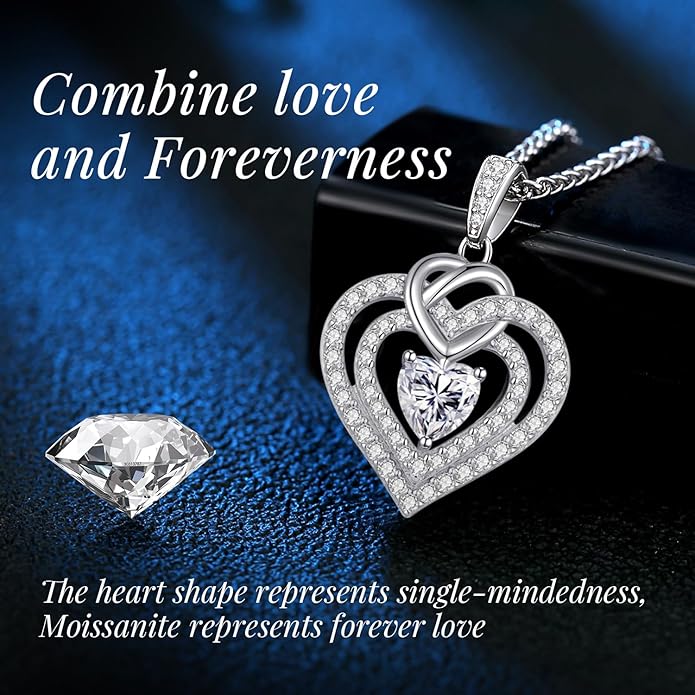 OOBEE Valentines Day Gift Moissanite Heart Necklaces for Women, 1- 4 Carat Moissanite 925 Sterling Silver 14K Gold Plated Pendant Necklace, Ideal Anniversary Birthday Christmas Mothers Day Jewelry Gifts for Mom Wife Her Girlfriend Daughter