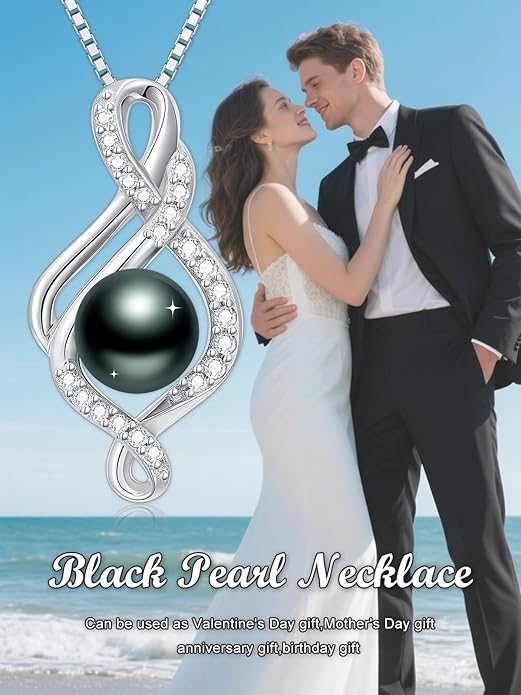 Tahitian Black Pearl 18K White Gold Plated Sterling Silver Heart/Infinity/Four Leaf Clover Pendant Necklace Jewelry Gifts for Women Wife Mom Girlfriend Wedding Birthday Anniversary Christmas