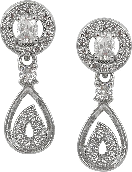 Nilu's Collection American Diamond Stone Studded | Rose Gold/Silver Plated | Anti Tarnish Jewellery Set for Women | Matching Earrings Perfect for Weddings and Special Occasions