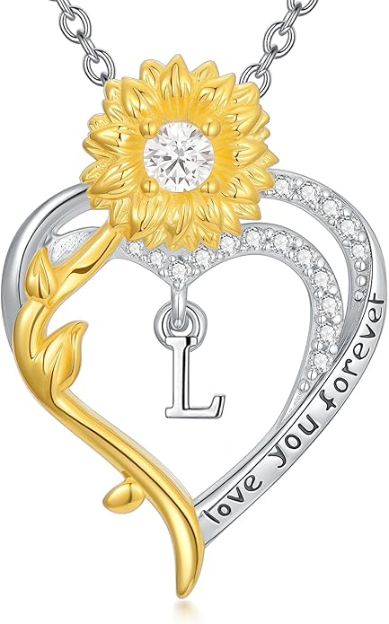 Initial Necklace 925 Sterling Silver Sunflower Heart Letter Pendant Alphabet Anniversary Birthday Jewelry Gifts for Women Mom Girlfriend Wife Her