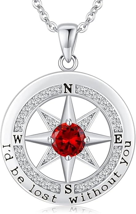 Compass Necklace for Women Wife Girlfriend Mom Daughter Gifts S925 Sterling Silver Jewelry For Anniversary Rose Gold Gifts For Birthday Christmas Mothers Valentines Day 12 Birthstones
