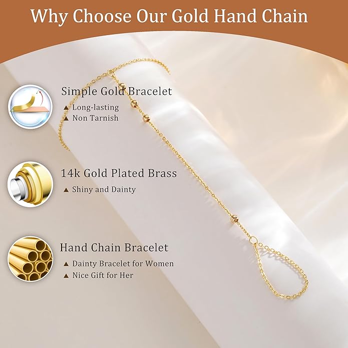 CHESKY 14K Gold Plated Hand Chain Bracelets for Women Set - Dainty Finger Ring Bracelet Stack Adjustable Hand Chains Durable Beaded Bracelets Trendy Simple Body Jewelry Gift for Women
