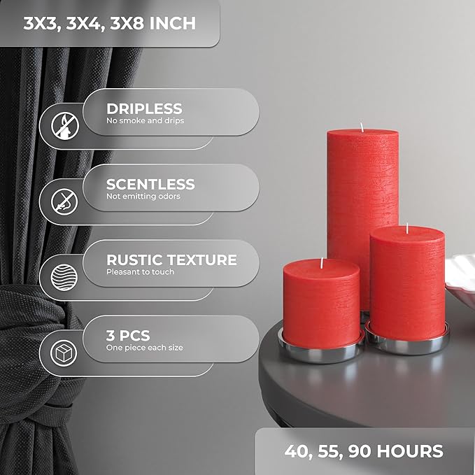 Assorted 3x3, 3x8 Inch Red Pillar Candles Set of 3 - Image 3
