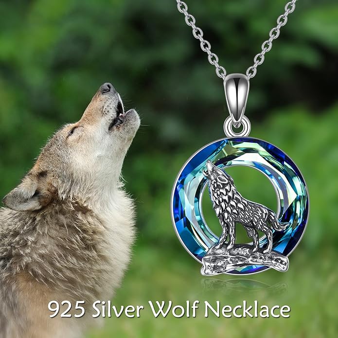YFN Wolf Necklace Gifts for Men Women Sterling Silver Opal Moon Wolfs Jewelry Birthday 18+2"